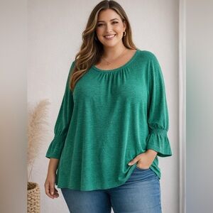 Style & Co Green Bell Sleeve Top 2X Flowy Stretch Blouse Casual Plus Size